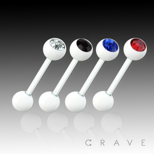 WHITE PVD PLATED OVER 316L SURGICAL STEEL BARBELL WITH PRESS FIT COLOR GEM (external thread)