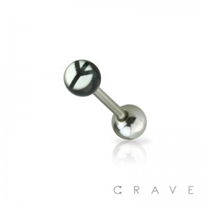 316L SURGICAL STEEL STRAIGHT BARBELL W/ EPOXY DOME BLACK AND WHITE PEACE SIGN LOGO BALL