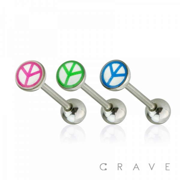 316L SURGICAL STEEL STRAIGHT BARBELL W/ EPOXY DOME PEACE COLOR SIGN TOP