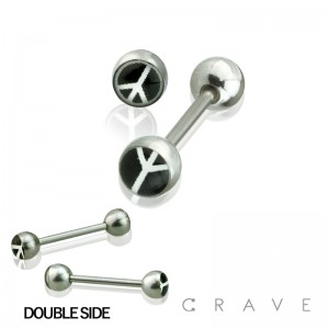 316L SURGICAL STEEL STRAIGHT BARBELL W/ DOUBLE EPOXY WHITE PEACE SIGN IN BLACK DOME BALLS