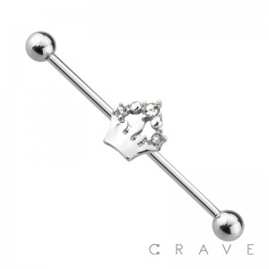 316L SURGICAL STEEL GEM CROWN INDUSTRIAL BARBELL
