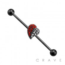 316L SURGICAL STEEL RED & WHITE GEM HEART BLACK INDUSTRIAL BARBELL