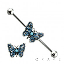 MULTI BLUE BEAD ANTIQUE SILVER BUTTERFLY 316L SURGICAL STEEL INDUSTRIAL BARBELL