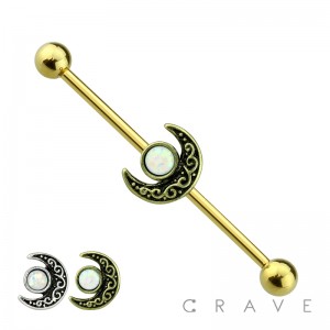 FILIGREE GLITTER OPAL MOON 316L SURGICAL STEEL INDUSTRIAL BARBELL
