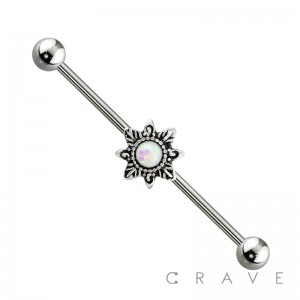 316L SURGICAL STEEL OPAL CENTERED ANTIQUE SILVER TONE SUNBURST INDUSTRIAL BARBELL