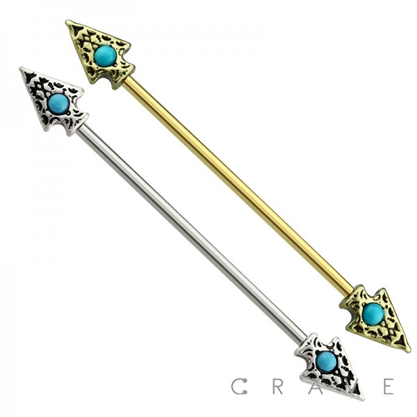 316L SURGICAL STEEL TURQUOISE STONE TRIBAL SPEAR INDUSTRIAL BARBELL