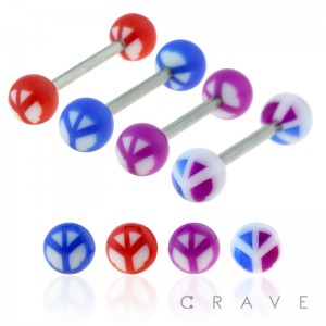 316L SURGICAL STEEL BARBELL WITH PEACE SIGN PRINTED BALL