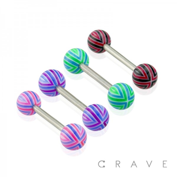 316L SURGICAL STEEL BARBELL WITH STRIPED ACRYLIC BALL