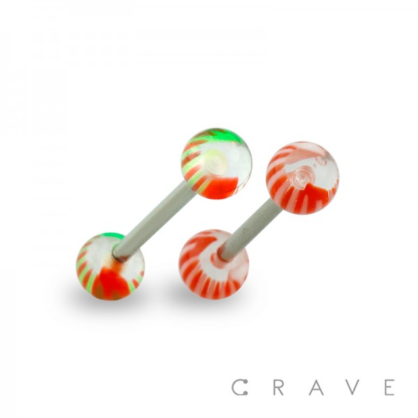 316L SURGICAL STEEL BARBELL WITH UV STRIPED MARBLE DESIGN ACRYLIC BALL