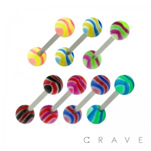 316L SURGICAL STEEL BARBELL WITH MARBLE STRIPE DESIGN ACRYLIC BALL
