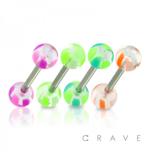SHORT DUAL COLOR CANDY STRIPE PRINTED ACRYLIC BALL 316L SURGICAL STEEL BARBELL