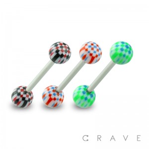 316L SURGICAL STEEL BARBELL WITH CHECKERED PATTERN DESIGN ACRYLIC BALL