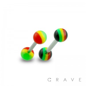 316L SURGICAL STEEL BARBELL WITH RASTA STRIPE DESIGN ACRYLIC BALL