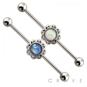 SYNTHETIC OPAL FLOWER CENTERED 316L SURGICAL STEEL INDUSTRIAL BARBELL
