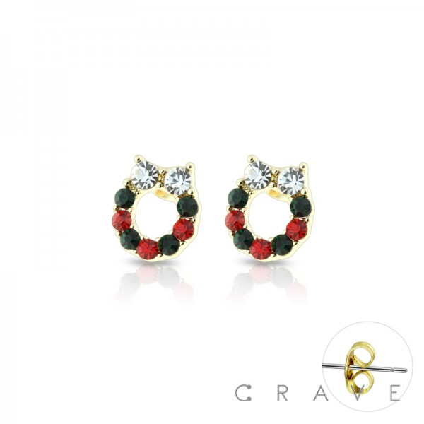 GOLD PLATED GEM PAVED CHRISTMAS WREATH STUD EARRING