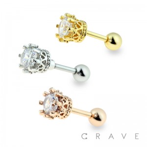 316L SURGICAL STEEL CARTILAGE BARBELL WITH CROWN PRONG CZ TOP