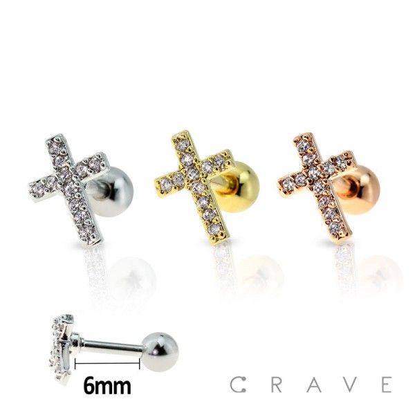 316L SURGICAL STEEL CARTILAGE BARBELL WITH GEM PAVED CROSS