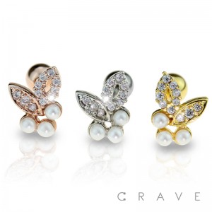 TRIPLE PEARL GEM PAVED 316L SURGICAL STEEL CARTILAGE BARBELL