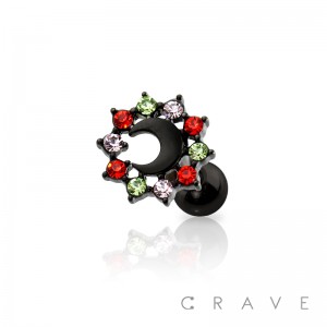 MULTI COLOR GEM CRESCENT MOON BLACK PVD OVER 316L SURGICAL STEEL CARTILAGE BARBELL