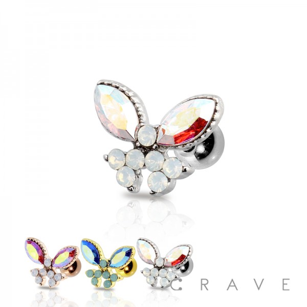 IRIDESCENT TONE GEM WITH SYNTHETIC OPAL BUTTERFLY 316L SURGICAL STEEL CARTILAGE BARBELL