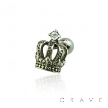 .925 STERLING SILVER IMPERIAL CROWN WITH PRONG SET CZ TOP 316L SURGICAL STEEL CARTILAGE/TRAGUS BARBELL