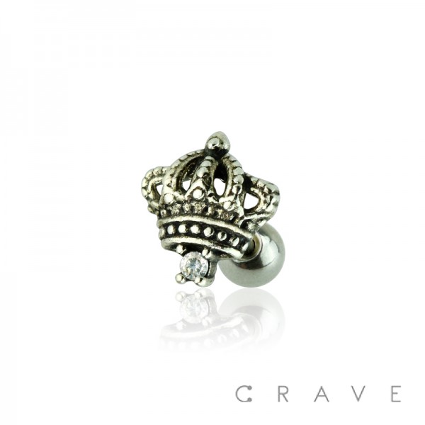 .925 STERLING SILVER PAVED CZ ROYAL CROWN 316L SURGICAL STEEL CARTILAGE/TRAGUS BARBELL