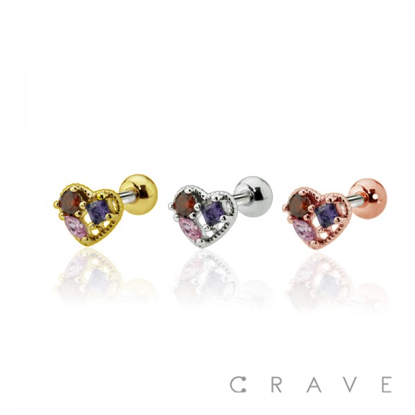 BEADED HEART-SHAPED DESIGN WITH MULTI-COLORED CZ CENTERED CARTILAGE BARBELL