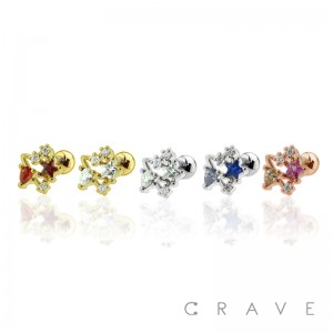 STAINLESS STAR WITH MULTI-COLORED CZ STAR GEMS CARTILAGE BARBELL