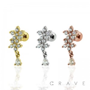 DUAL CZ FLOWER WITH CZ GEM DANGLE CARTILAGE BARBELL