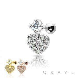 CZ PAVED DANGLE HEART 316L SURGICAL STEEL CARTILAGE BARBELL