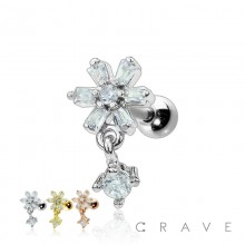 CZ PAVED FLOWER WITH DANGLE 316L SURGICAL STEEL CARTILAGE BARBELL