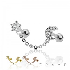 MOON AND STAR LINK CHAIN 316L SURGICAL STEEL RING DANGLE CARTILAGE BARBELL