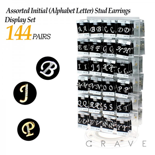 144PAIRS OF ASSORTED INITIAL (ALPHABET LETTER) STUD EARRINGS DISPLAY SET