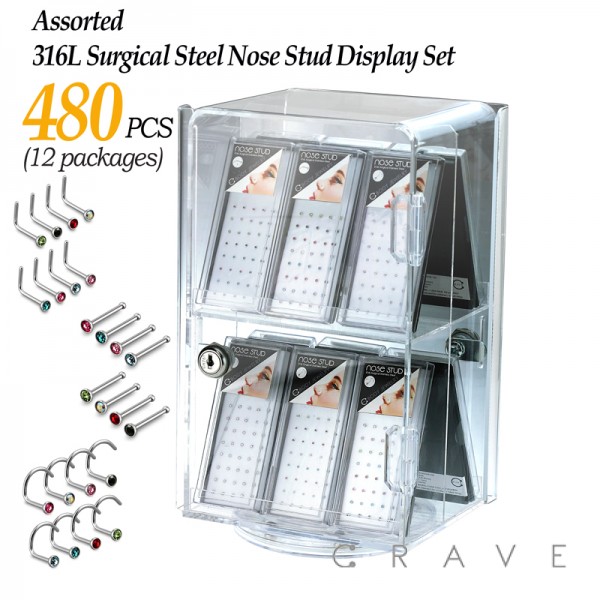 480PCS OF 316L SURGICAL STEEL ASSORTED 3 TYPES MIXED NOSE PACKAGES 12 BOXES DISPLAY SET (WITH FREE CASE)