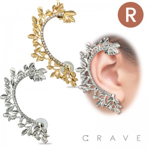 Gem Paved "Falling Leaf" 316L Surgical Steel Earring Cuff (Right Side)