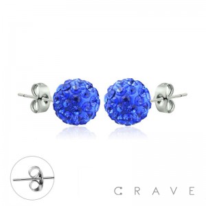 PAIR OF 316L SURGICAL STEEL STUD EARRING WITH BLUE CRYSTAL FERIDO BALLS ON POST