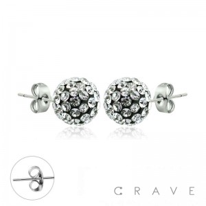 PAIR OF 316L SURGICAL STEEL STUD EARRINGS WITH CLEAR ON BLACK CRYSTAL FERIDO BALLS ON POST