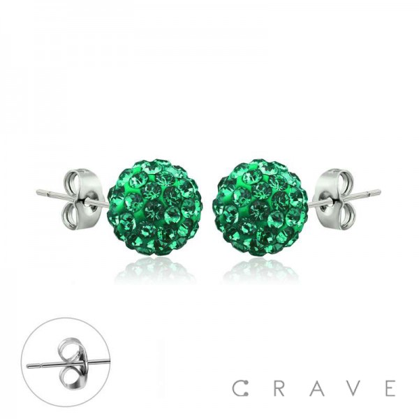 PAIR OF 316L SURGICAL STEEL STUD EARRINGS WITH GREEN CRYSTAL FERIDO BALLS ON POST