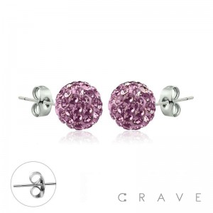 PAIR OF 316L SURGICAL STEEL STUD EARRINGS WITH LIGHT PURPLE COLOR CRYSTAL FERIDO BALLS ON POST