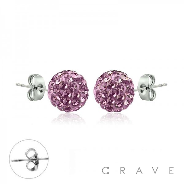 PAIR OF 316L SURGICAL STEEL STUD EARRINGS WITH LIGHT PURPLE COLOR CRYSTAL FERIDO BALLS ON POST