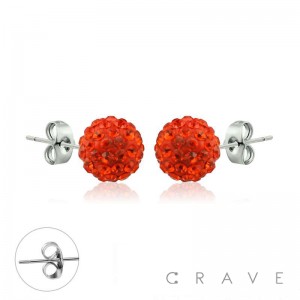 PAIR OF 316L SURGICAL STEEL STUD EARRINGS WITH ORANGE CRYSTAL FERIDO BALLS ON POST