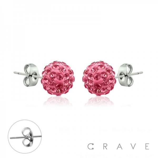 PAIR OF 316L SURGICAL STEEL STUD EARRINGS WITH PINK COLOR CRYSTAL FERIDO BALLS ON POST