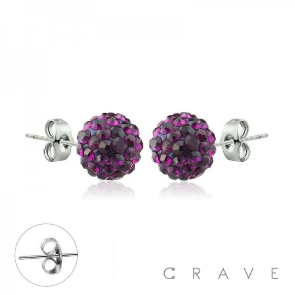 PAIR OF 316L SURGICAL STEEL STUD EARRINGS WITH PURPLE COLOR CRYSTAL FERIDO BALLS ON POST