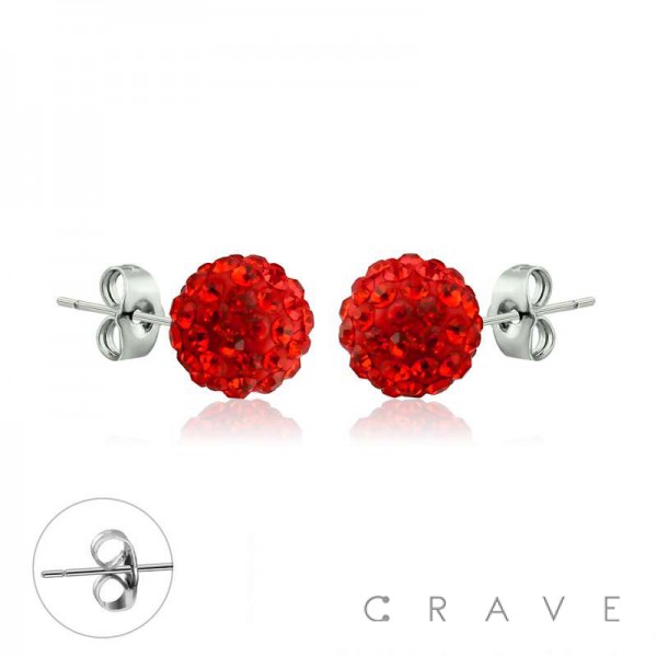 PAIR OF 316L SURGICAL STEEL STUD EARRINGS WITH RED COLOR CRYSTAL FERIDO BALLS ON POST