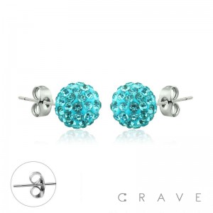 PAIR OF 316L SURGICAL STEEL STUD EARRINGS WITH TURQUOISE CRYSTAL FERIDO BALLS ON POST