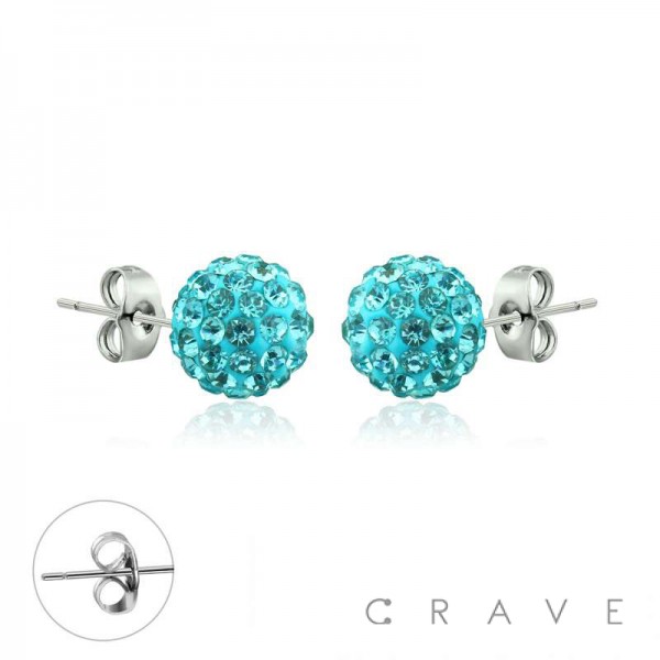PAIR OF 316L SURGICAL STEEL STUD EARRINGS WITH TURQUOISE CRYSTAL FERIDO BALLS ON POST