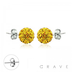 PAIR OF 316L SURGICAL STEEL STUD EARRINGS WITH YELLOW CRYSTAL FERIDO BALLS ON POST