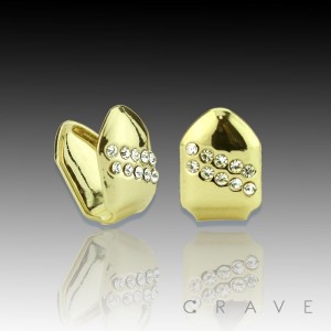 2 PIECES CZ PAVED GOLD GRILLZ TWO PIECES SINGLE HIP HOP BLING CAPS