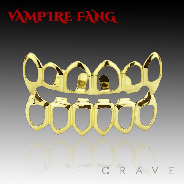 OPEN FACE VAMPIRE FANG GOLD GRILLZ 6 TEETH MOUTH TOP & BOTTOM HIP HOP BLING