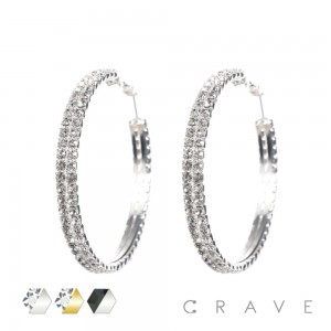 PAIR OF 18K GOLD PLATED 2LINE CRYSTAL RHINESTONE PAVE HOOP EARRING